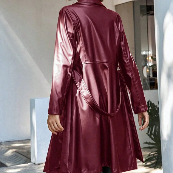Burgundy Elegant Women's Faux Leather Waist Belted Trench Coat - Picture 2 of 6